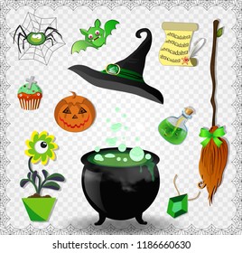 Witch green accessories vector set. Pointed hat, cauldron, pumpkin jack, broomstick, bat, spider, potion bottle, plant, cupcake, spell scroll, amulet on transparent background framed with spider web