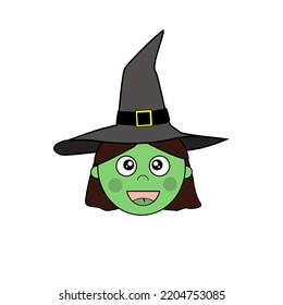 Cara verde bruja linda sonriente sombrero negro emoticono emoticono aislado vectorial dibujos animados brujería malvada hechizos de magia disfraces fiesta de Halloween diseño logo diseño chica de pelo marrón truco o tratar.    