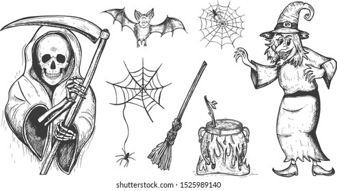 witch. Grim Reaper. The boiler on the fire. Halloween set. Vector. Sketch. Hand drawing