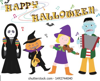 Witch and Grim Reaper, Frankenstein and Jack o lantern   have a concert on Halloween Day.