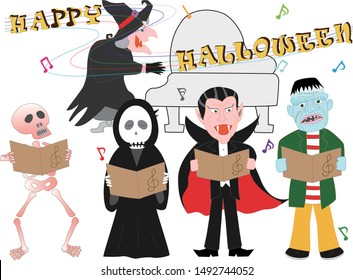 Witch and Grim Reaper, Skeleton, Frankenstein and Vampire are holding concerts on Halloween Day.