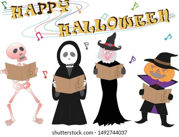 Witch and Grim Reaper, Skeleton and Jack o lantern have a concert on Halloween Day.