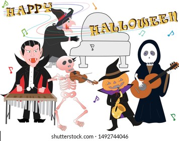 Witch and Grim Reaper, Skeleton, Jack o   lantern and Vampire have a concert on Halloween Day.
