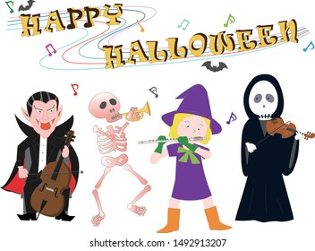 Witch and Grim Reaper,  Vampire and skeleton have a concert on Halloween Day.