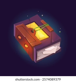 Witch grimoire or magic book with cover and seal. Vector isolated closed publication with torn paper, witchcraft and sorcery, mystic spells and enchantment, game design or wizard assets