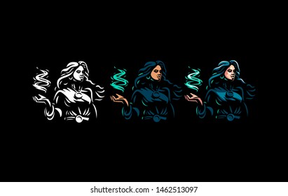 Witch gypsy with flowing hair. In her hands is a magical fire. Vector illustration.