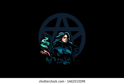 Witch gypsy with flowing hair. In her hands is a magical fire. Vector illustration.