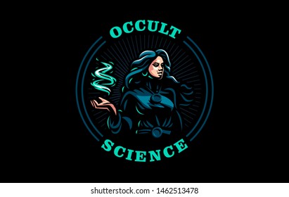 Witch gypsy with flowing hair. In her hands is a magical fire. Vector illustration.