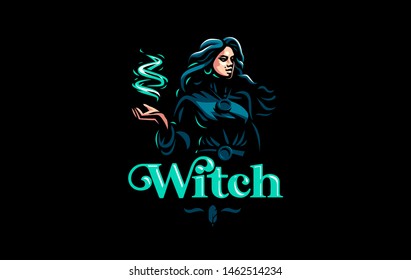Witch gypsy with flowing hair. In her hands is a magical fire. Vector illustration.