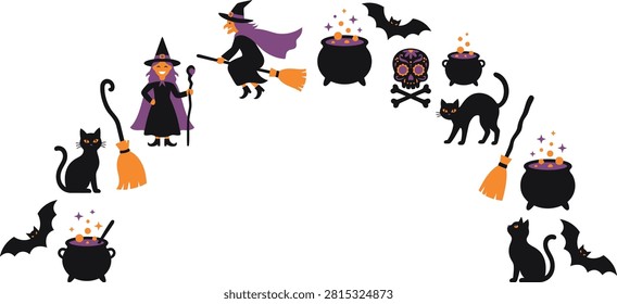 Witch halloween border design with bats cauldrons cats and skulls halloween cauldron illustration