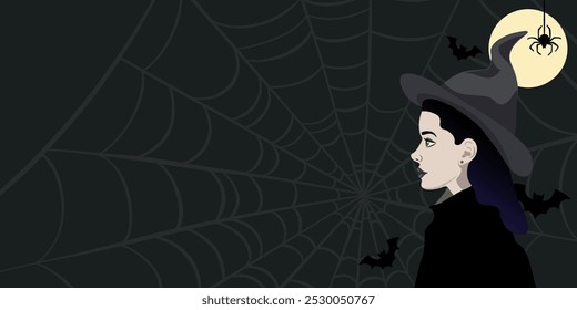 Witch Halloween cartoon background, vector character illustration, creepy spider web wallpaper design concept