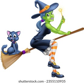 A witch halloween cartoon character on her broom stick