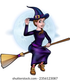 A witch halloween cartoon character on her broom stick