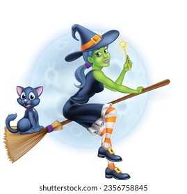 A witch halloween cartoon character on her broom stick