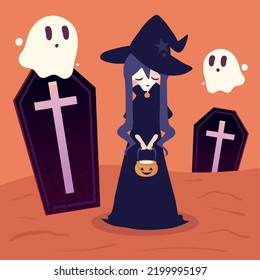 Witch Halloween Cartoon With Ghost And Coffin