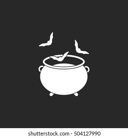 Witch Halloween Cauldron With Bats Sign Silhouette Symbol Icon On Background