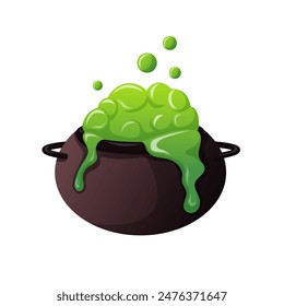 Witch Halloween cauldron with green potion in cartoon style. Boiling magic brew design for October holiday. Vector illustration isolated on white background.