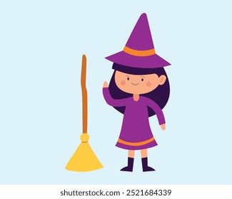 Witch Halloween Character Flat Design with Flying Broom