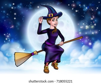 Witch Halloween friendly cartoon character flying on a broomstick in front of a full moon scene