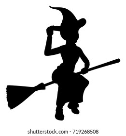 Witch Halloween friendly cartoon character flying on a broomstick silhouette 