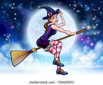 Witch Halloween friendly cartoon character flying on a broomstick in front of a full moon background