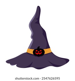 Witch Halloween hat, blessed on white background. Flat vector illustration