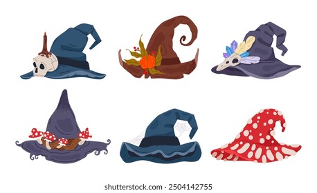 Witch Halloween hats. Halloween trick or treat october party magician costume elements, spooky pointy wizard hats flat vector illustration set. Hand drawn magician hats collection