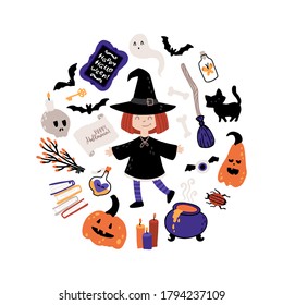 Witch. Halloween Kids Costume Party set. Girl in a suit for the holiday. Vector illustration of a character of a sorceress, cat, lettering, templates and elements in a simple cartoon hand-drawn style.