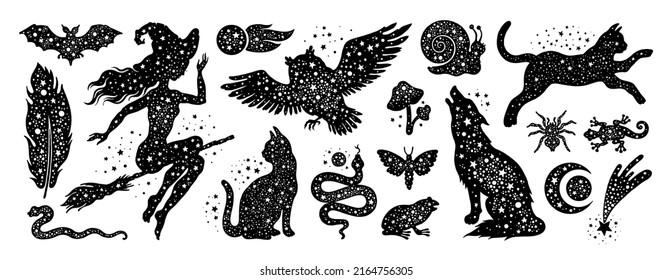 Witch halloween mystic celestial vector. Magic witchcraft animals. Esoteric cat, wolf, toad, owl, bat. Star tattoo print illustration. Moon Halloween silhouette art. Alchemy icon. Boho witch animal