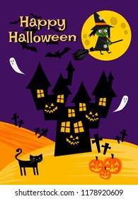 Witch in Halloween night background. Halloween greeting card or invitation. 