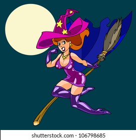Witch in Halloween night flying on a broomstick.