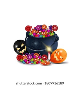 Witch Halloween potion pot full of candy and candy in cartoon style. A pot of sweets isolated on a white background