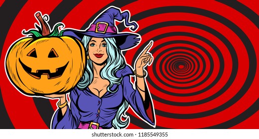 witch with Halloween pumpkin. Announce Party. Pop art retro vector illustration vintage kitsch