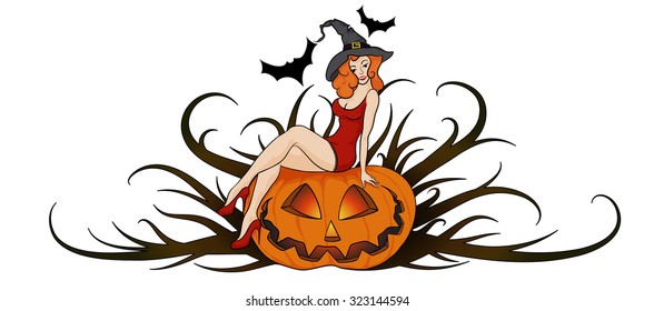 witch with halloween pumpkin and the bats