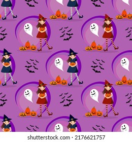 A Witch and Halloween Pumpkins Seamless Pattern