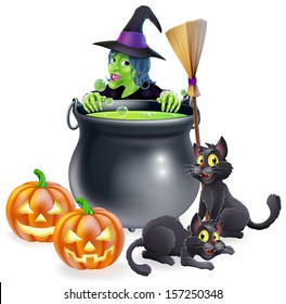 A witch Halloween scene with green witch peeking over a cauldron with broomstick, pumpkins and cats