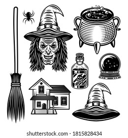 Witch and halloween set of vector graphic objects or design elements in vintage black style isolated on white background