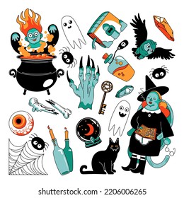 Witch halloween set. Witchcraft cartoon elements. Flat vector illustrations.