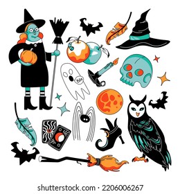 Witch halloween set. Witchcraft cartoon elements. Flat vector illustrations.