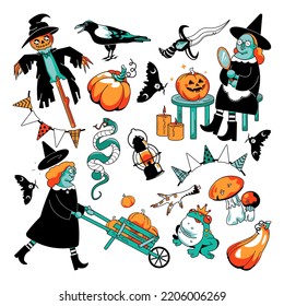 Witch halloween set. Witchcraft cartoon elements. Flat vector illustrations.