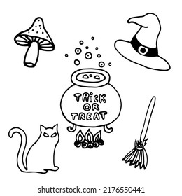 Witch halloween supplies set doodle vector illustration isolated on white background