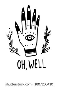 Witch hand. Doodle illustration. Vector logo hand drawing. Esoteric symbols. White background. Vector icon.