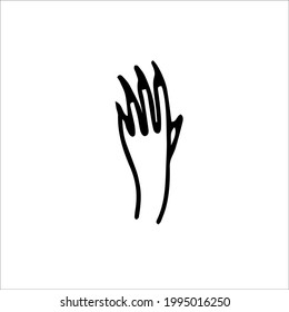 Icono vectorial del doodle de mano de bruja. Ilustración de elemento de diseño de halloween dibujada a mano. Manos de mujer con el símbolo de silueta de las uñas largas. Dibujo aislado de signo místico lineal