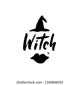 Witch - hand drawn lettering typography. Halloween celebration poster with witch hat and lips. Design for greeting card, party invitation, banner, postcard. Vector illustration.