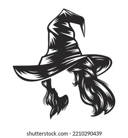 Witch hand drawn line art. Halloween vintage Flash tattoo or print design vector illustration.