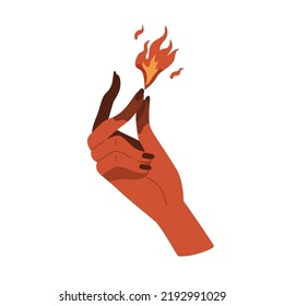 Witch hand with fire energy. Magician lighting magic blaze with finger. Illusionist arm playing with burning flame. Wizardry, witchcraft concept. Flat vector illustration isolated on white