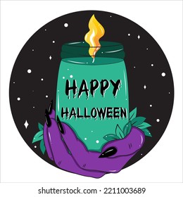 Witch Hand Holding Candle Illustration. Happy Halloween Card Design Element.