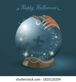 Witch Hand Holding Magic Ball with Graveyard Night Scene on Teal Blue Background for Happy Halloween Celebration.