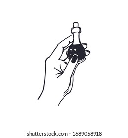 Witch hand holding magic potion vector illustration. Black poison in the female hand isolated on white background.