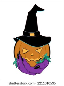 Witch hand holding pumpkin lantern with black hat. Cute Halloween illustration for card, poster or party invitation.